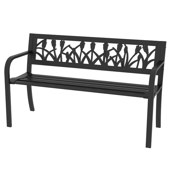 Metal Outdoor Bench with Curved Armrests and Slatted Seat for Patio, Black