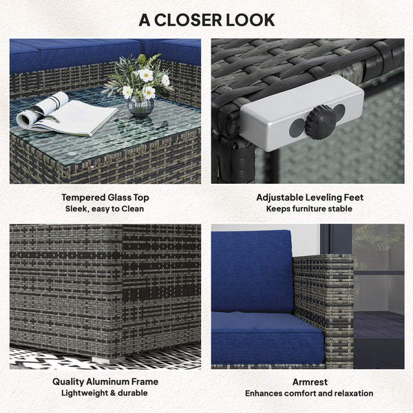 4 Piece Wicker Rattan Living Room Set with Corner Sofa, Loveseats and Coffee Table Cushions, Navy Blue