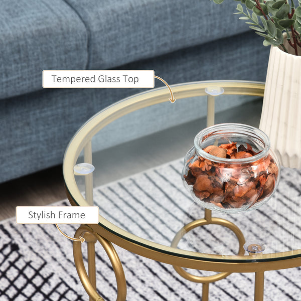 Set of 2 round gold coffee tables with tempered glass top