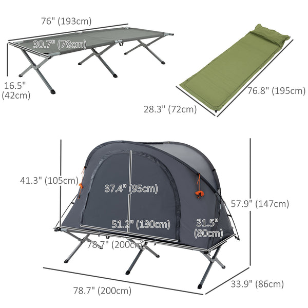 Folding camp bed with self-inflating air mattress and carrying bag