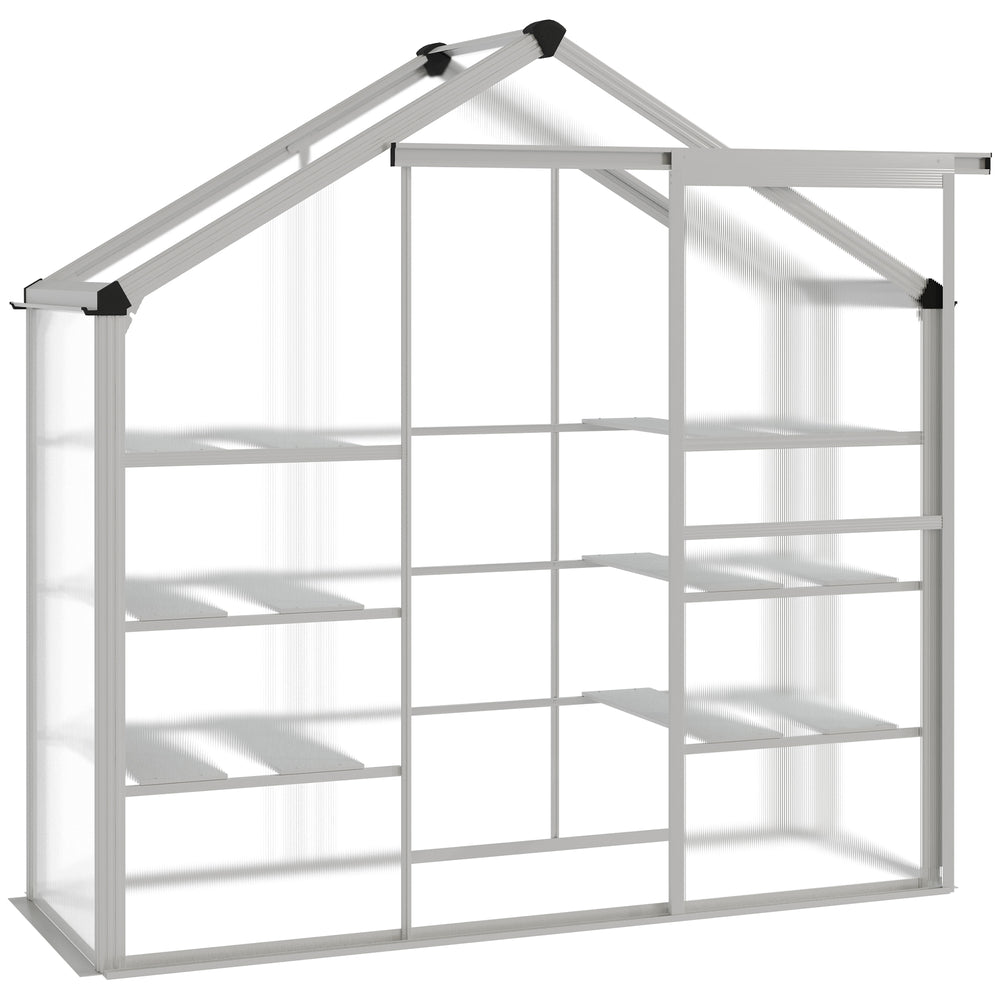 Outdoor polycarbonate greenhouse with 3-tier shelves, sliding door and aluminum frame