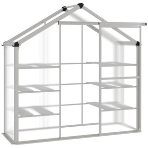 Outdoor polycarbonate greenhouse with 3-tier shelves, sliding door and aluminum frame