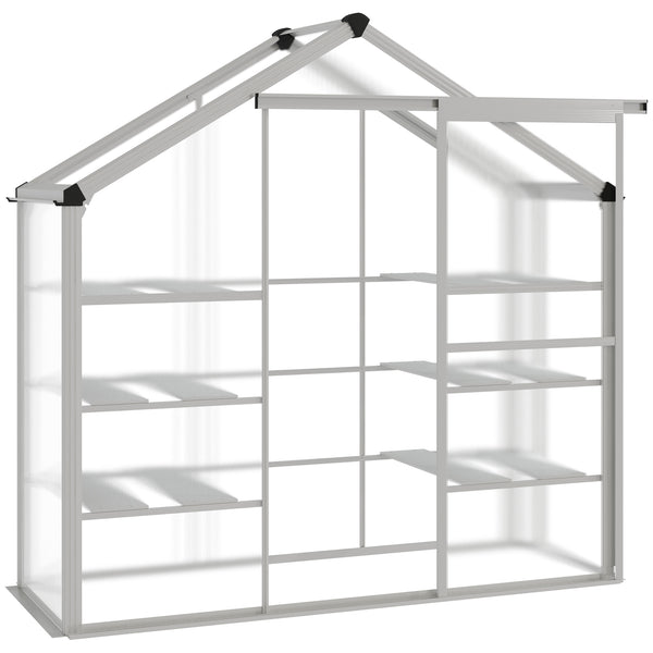 Outdoor polycarbonate greenhouse with 3-tier shelves, sliding door and aluminum frame