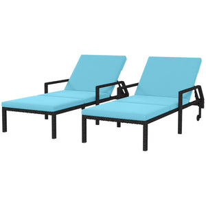2 PE rattan outdoor lounge chairs with adjustable backrest and 2 wheels, sky blue