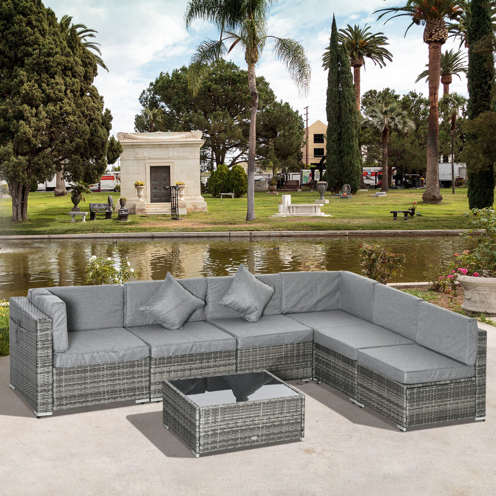 7pc Garden Wicker Sectional Set w/ Tea Table Patio Rattan Lounge Sofa Outdoor Deck Furniture Light Grey