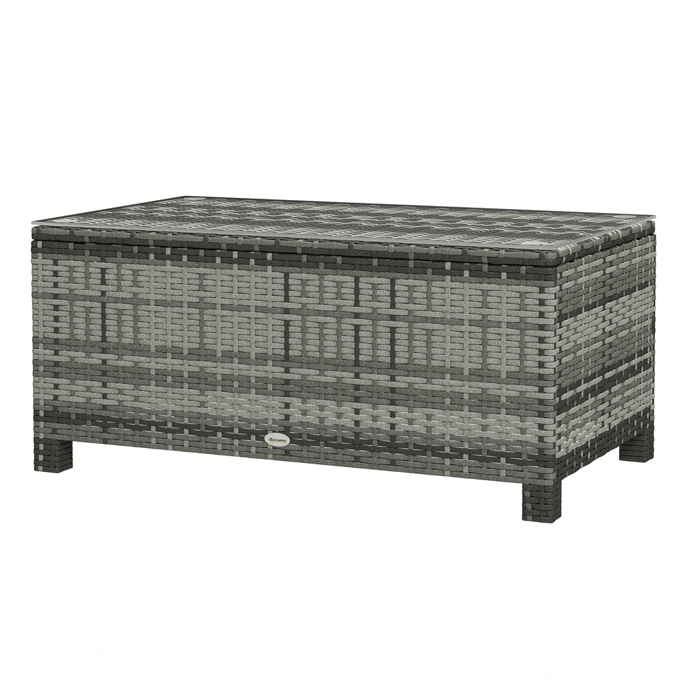 Rattan and wicker coffee table with glass top, outdoor garden furniture, tempered brown