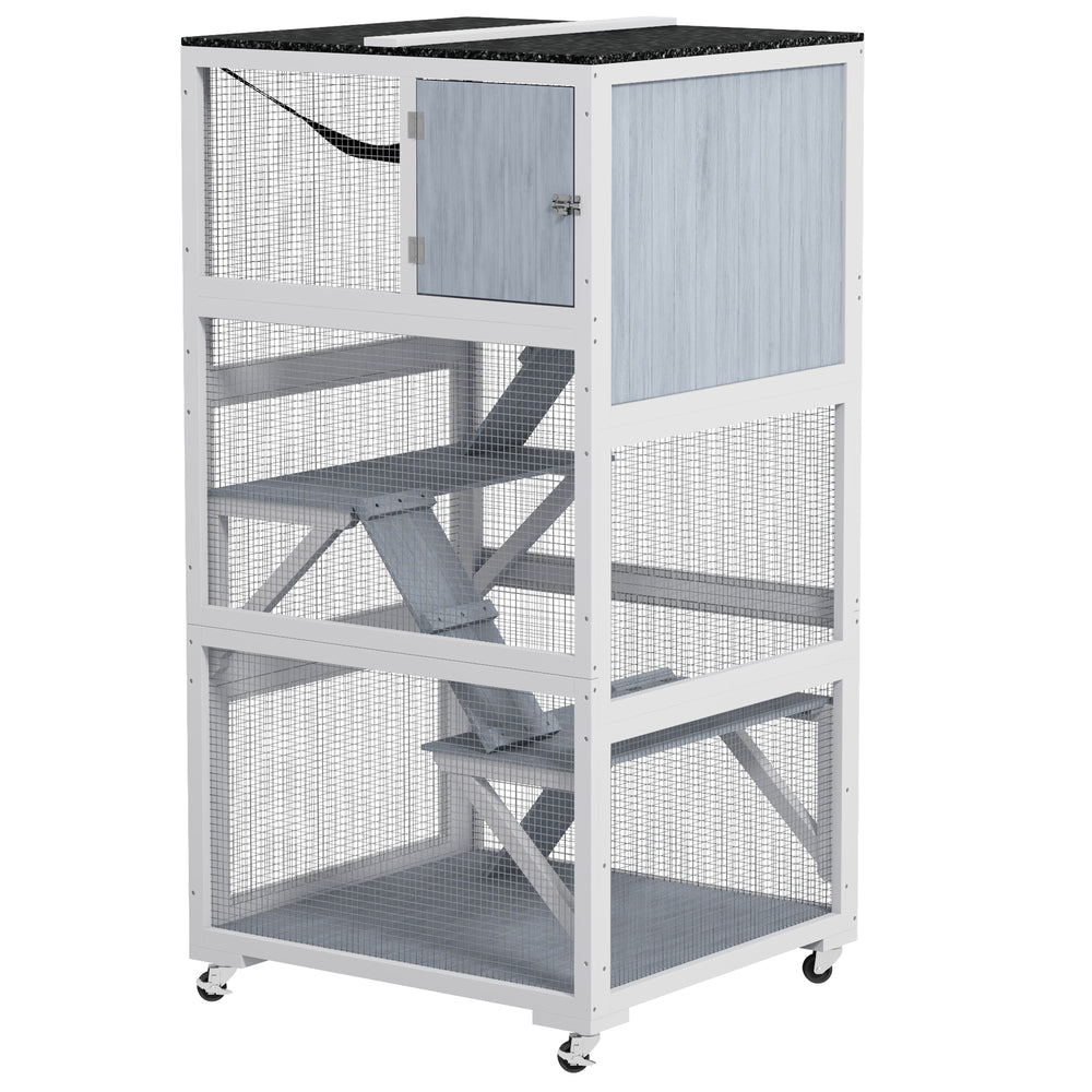 Cat enclosure on wheels with hammock and several resting platforms, grey