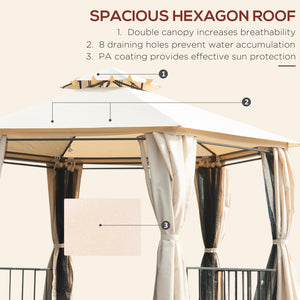 13 ft hexagonal gazebo with mosquito netting and shade curtains, beige