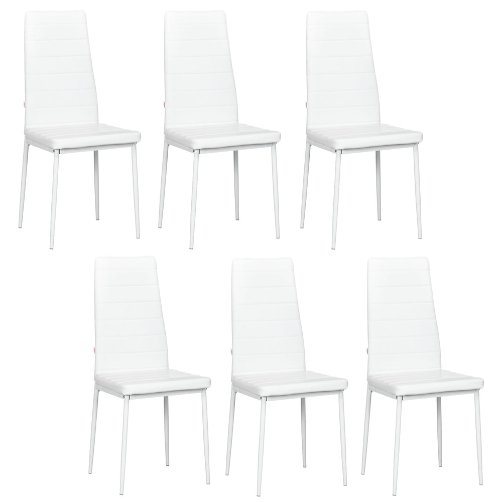 Set of 6 high-back faux leather chairs with metal legs, white