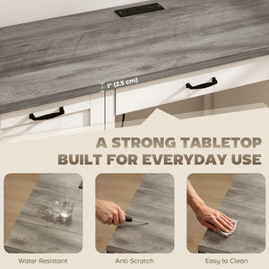 57-inch 7-drawer desk with outlets, white and brown