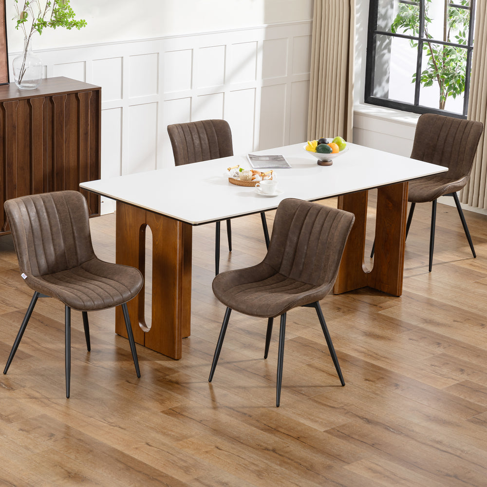 Set of 4 dining chairs, upholstered in faux leather with steel backrest and legs, brown