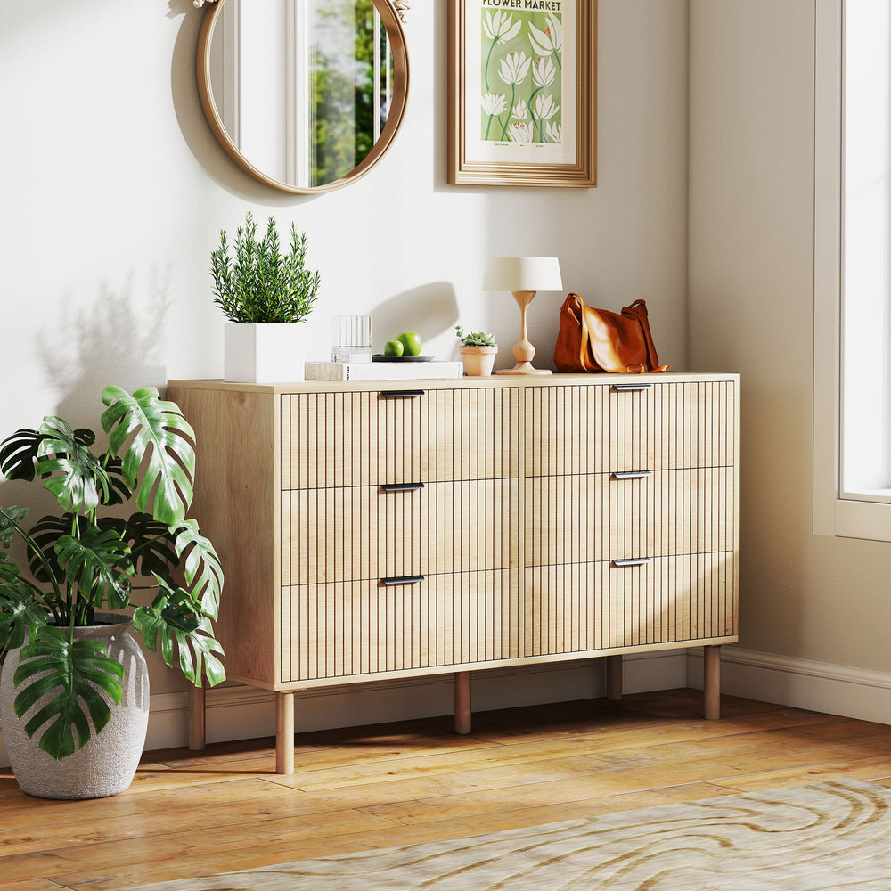 6-drawer chest, fluted panels and solid wood legs, oak color