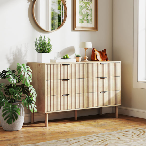 6-drawer chest, fluted panels and solid wood legs, oak color