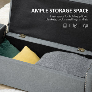 Folding storage bench upholstered in fabric, light gray