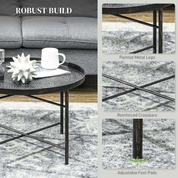 Vintage round coffee table with hammered top and metal frame, pewter color