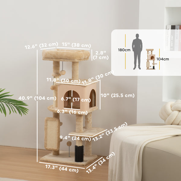 132cm Cat Tree with Scratching Posts, Basket, Kennel and Grooming Brush, Beige
