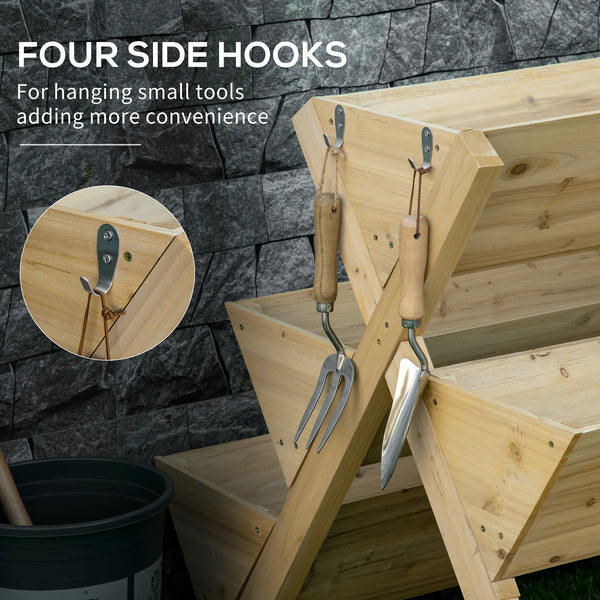 Raised wooden planter with 5 plant trays and 4 hooks