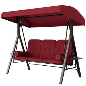 Swing chair for 3 people with steel canopy and padded seat, wine red