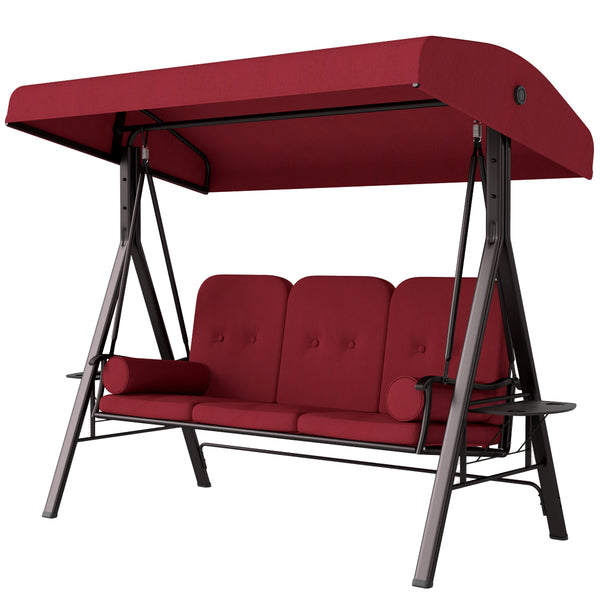 Swing chair for 3 people with steel canopy and padded seat, wine red
