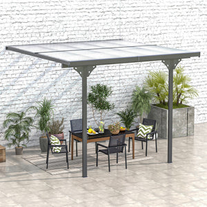 Pergola carrée 10 x 10 pieds avec toit rigide en polycarbonate, hauteur réglable et cadre en aluminium gris, offrant une protection UV pour terrasse ou jardin
