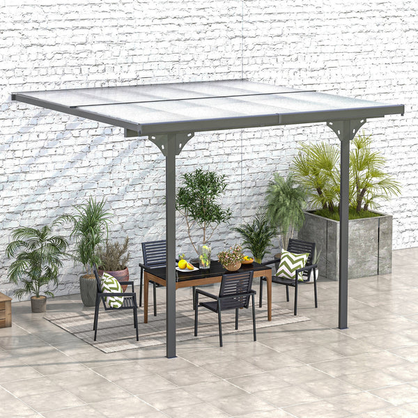 Pergola carrée 10 x 10 pieds avec toit rigide en polycarbonate, hauteur réglable et cadre en aluminium gris, offrant une protection UV pour terrasse ou jardin