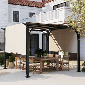Pergola d'extérieur 10 x 10 pieds avec toile beige et structure en acier, idéale comme abri solaire pour jardin ou terrasse