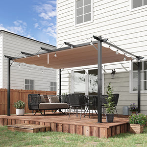 Pergola d'extérieur 10 x 13 pieds en aluminium couleur sable, installée sur une terrasse ou dans un jardin moderne