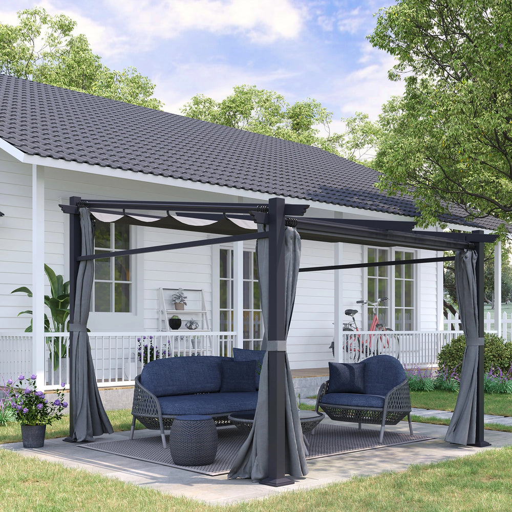 Pergola métallique 3 x 3 mètres avec toit coulissant rétractable en gris foncé, parfaite pour terrasses et espaces extérieurs modernes