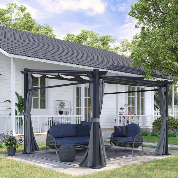 Pergola métallique 3 x 3 mètres avec toit coulissant rétractable en gris foncé, parfaite pour terrasses et espaces extérieurs modernes