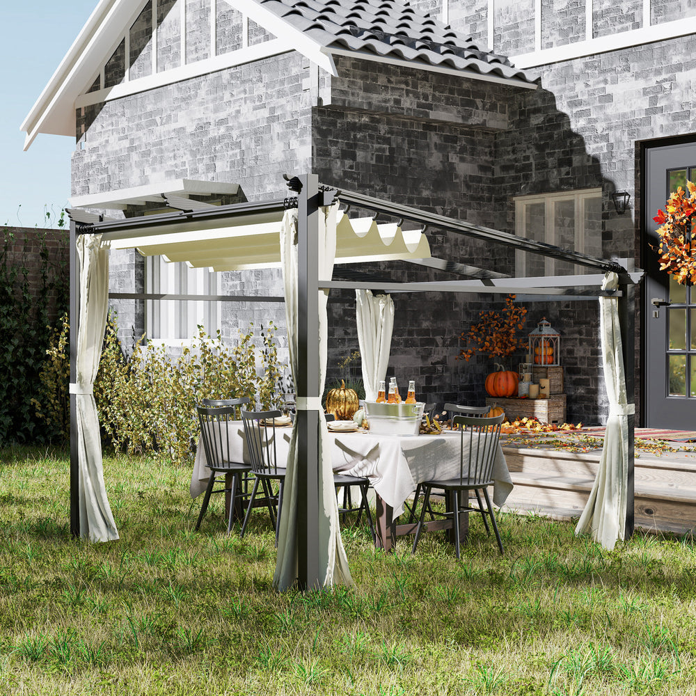Pergola métallique beige 3 x 3 m avec toit coulissant rétractable pour jardin ou terrasse
