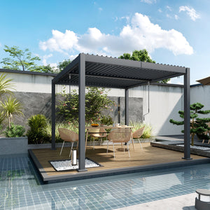 Pergola à persiennes 10 x 10 pieds avec toit métallique réglable, cadre en aluminium à toit rigide et système de drainage intégré
