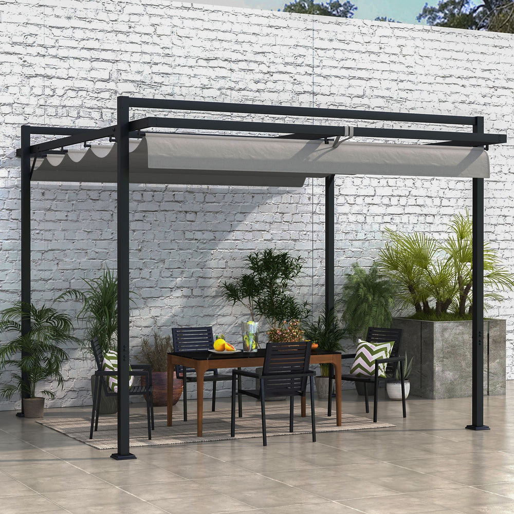 Pergola rétractable gris foncé 10 x 10 pieds utilisée comme abri de jardin, parfaite pour barbecue, patio et terrasse extérieure