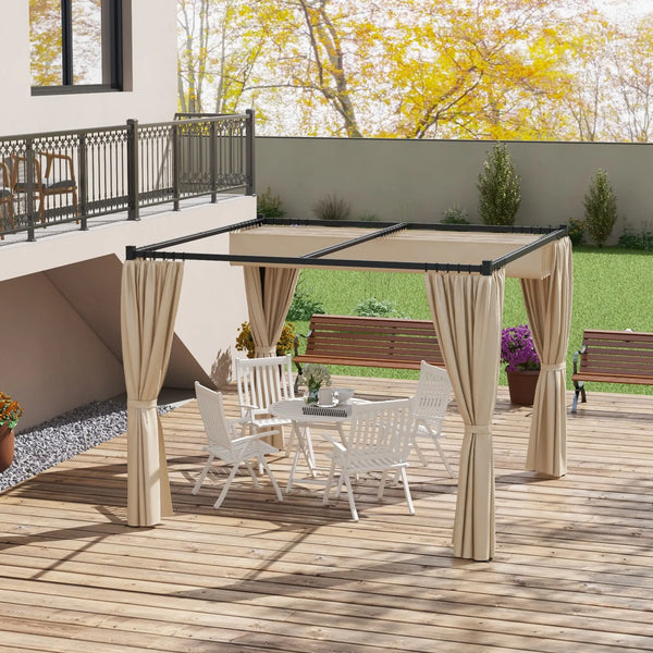 Pergola rétractable beige 10 x 10 pieds équipée de rideaux, idéale pour barbecue, patio ou terrasse extérieure