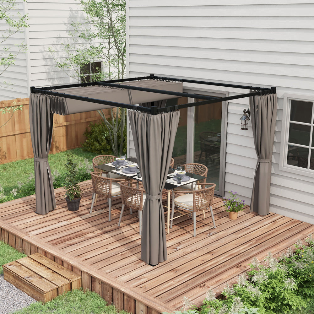 Pergola rétractable de 10 x 10 pieds gris clair avec rideaux, idéale pour terrasse ou jardin, structure élégante et résistante aux intempéries