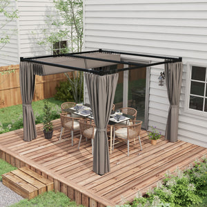Pergola rétractable de 10 x 10 pieds gris clair avec rideaux, idéale pour terrasse ou jardin, structure élégante et résistante aux intempéries