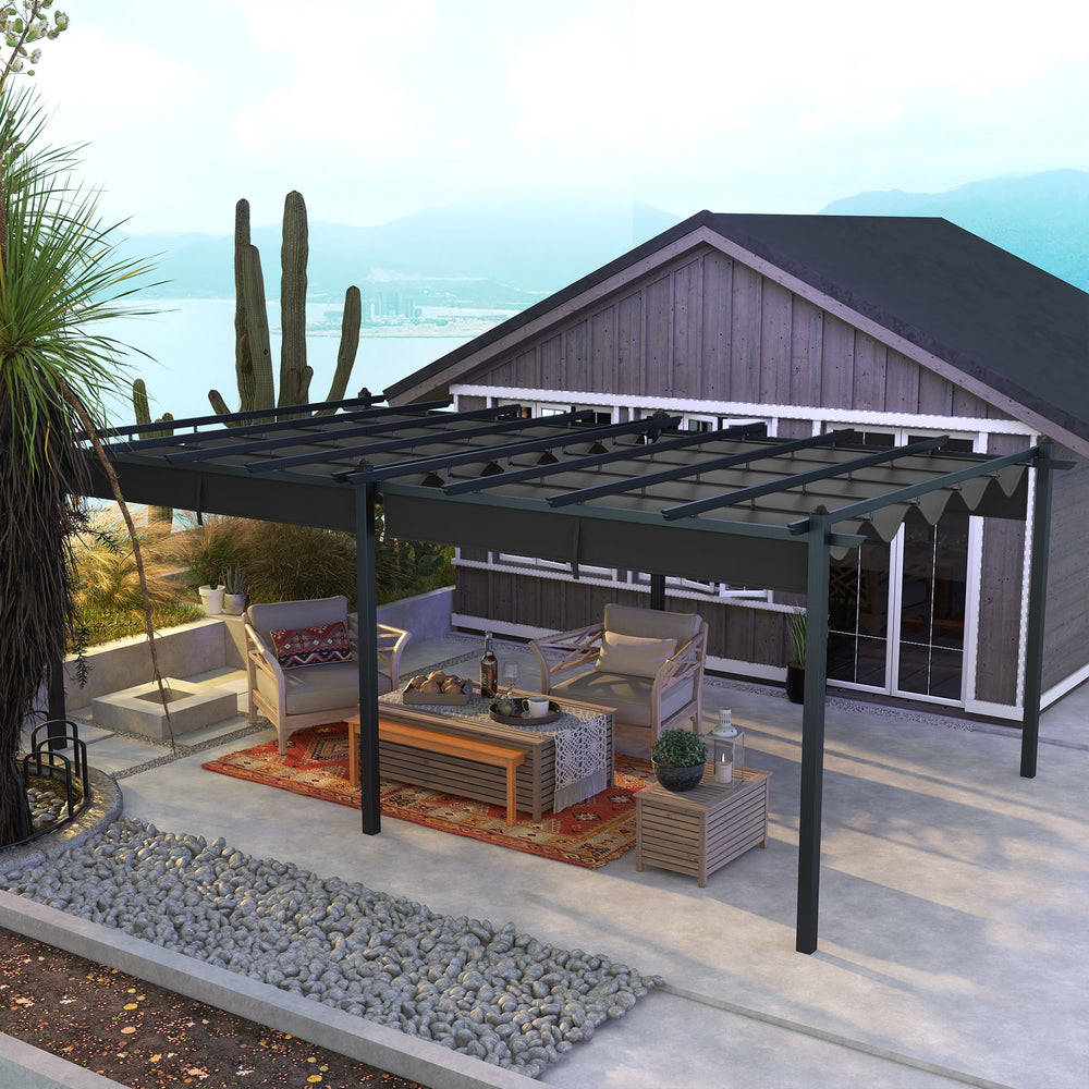 Pergola rétractable en aluminium de 11,7 x 19,6 pieds installée sur une terrasse avec espace barbecue, idéale pour le jardin ou le patio
