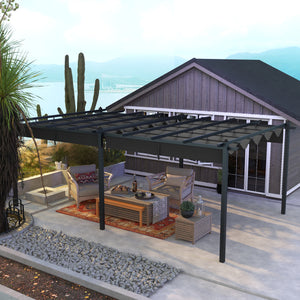 Pergola rétractable en aluminium de 11,7 x 19,6 pieds installée sur une terrasse avec espace barbecue, idéale pour le jardin ou le patio