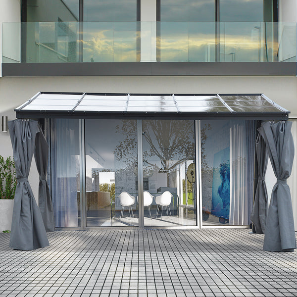 Pergola extérieure 10x13 pieds avec toit rigide en polycarbonate gris et rideaux, installée sur une terrasse moderne
