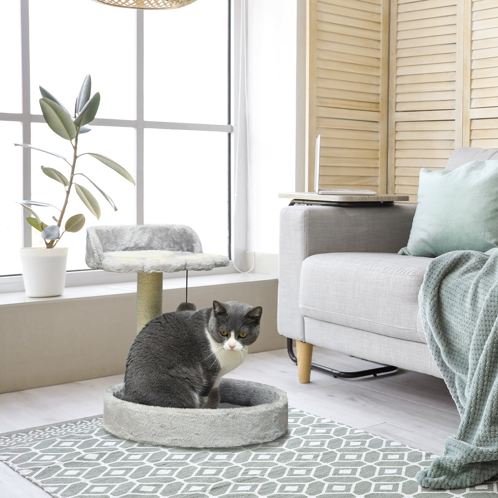 Petit arbre à chat gris clair avec griffoir en sisal, balle suspendue et lit – centre d’activités compact pour chatons