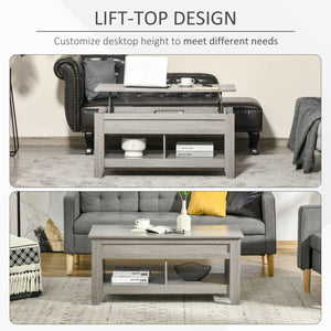 Lift-up coffee table with hidden storage compartment, light grey