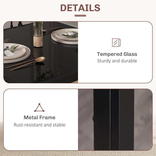 Glass Dining Table and Chair Set with Metal Frame and Faux Leather Upholstery, Black