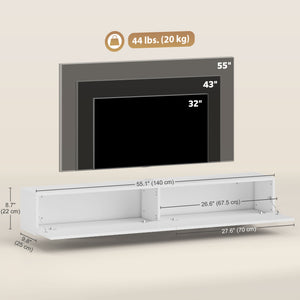 Floating wall-mounted TV unit for TVs up to 72 inches with 2 fluted drop-down doors, white