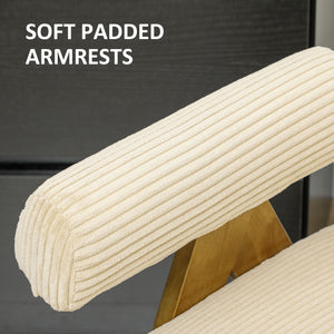 Corduroy accent chair with wide seat and padded armrests, beige