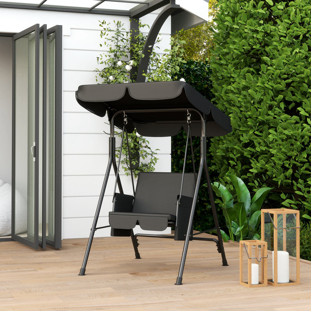 1-seater outdoor swing with adjustable canopy, removable seat and back cushions, black