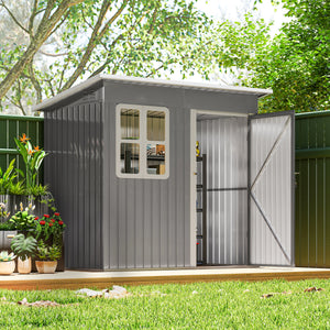 Galvanized steel garden shed with window, large lockable door and ventilation, dark grey