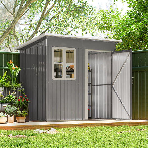 Galvanized steel garden shed with window, large lockable door and ventilation, dark grey