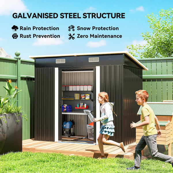 Black metal garden shed, 2.13 m x 1.22 m, lockable, for tools and other storage.