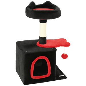 71cm Gothic Cat Tree with Soft Bed, Cozy Cave, Scratching Post and Hanging Ball, Red and Black