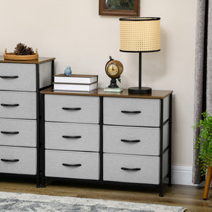 6-drawer fabric chest with steel frame, wood-effect top and handles, grey.