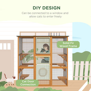 Wooden cat cage with 6 balanced platforms and asphalt roof, orange